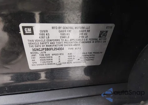 2015 Chevrolet Trax 1Ls z USA, uszkodzony, nr VIN 3GNCJPSB6FL254364